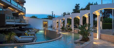 Outdoor pool, pool umbrellas, pool loungers