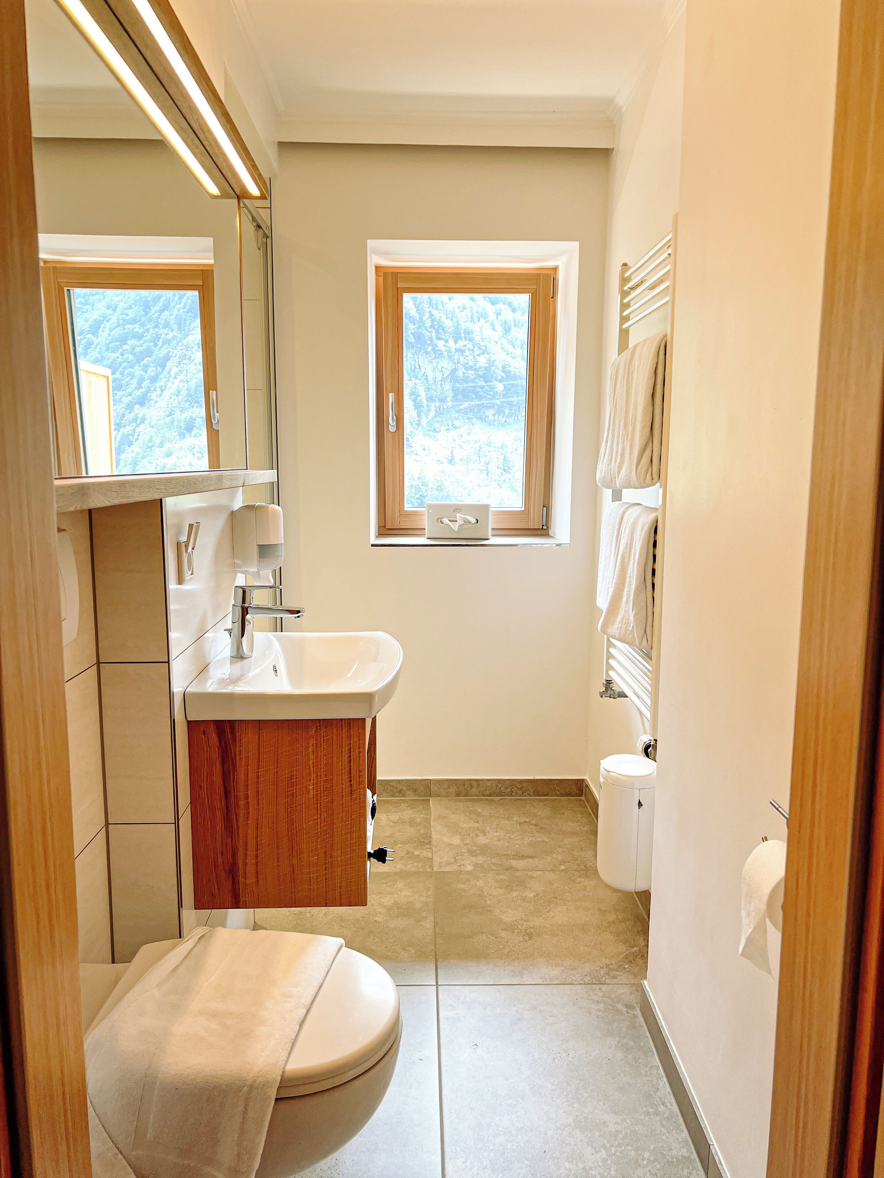 A bathroom with a toilet, sink, and window.