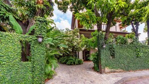 Un sendero pavimentado que conduce a un edificio rodeado de abundante vegetación y un muro de piedra.