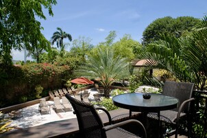 Breakfast, lunch, dinner served; Fusion cuisine, pool views