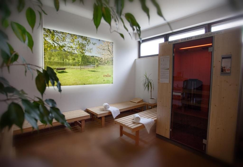 A room with wooden benches, a large window with a view of greenery, and a sauna door.