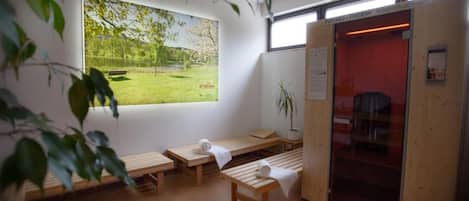 A room with wooden benches, a large window with a view of greenery, and a sauna door.