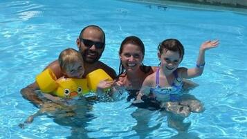 Outdoor pool, pool umbrellas, pool loungers