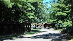 A campground with rustic cabins and a paved road. - Yogi Bear's Jellystone Park Camp-Resort Wisconsin Dells (Wisconsin Dells)