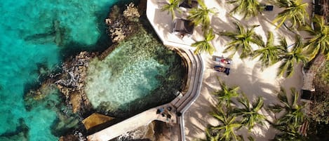 On the beach, sun-loungers, beach umbrellas, beach towels