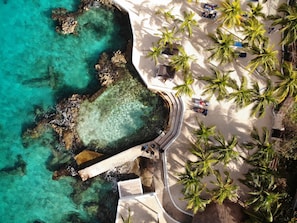 An aerial view of a beach with clear turquoise water, palm trees, and a pathway leading to a building. - Cozumel Hotel & Resort - All Inclusive (Cozumel)