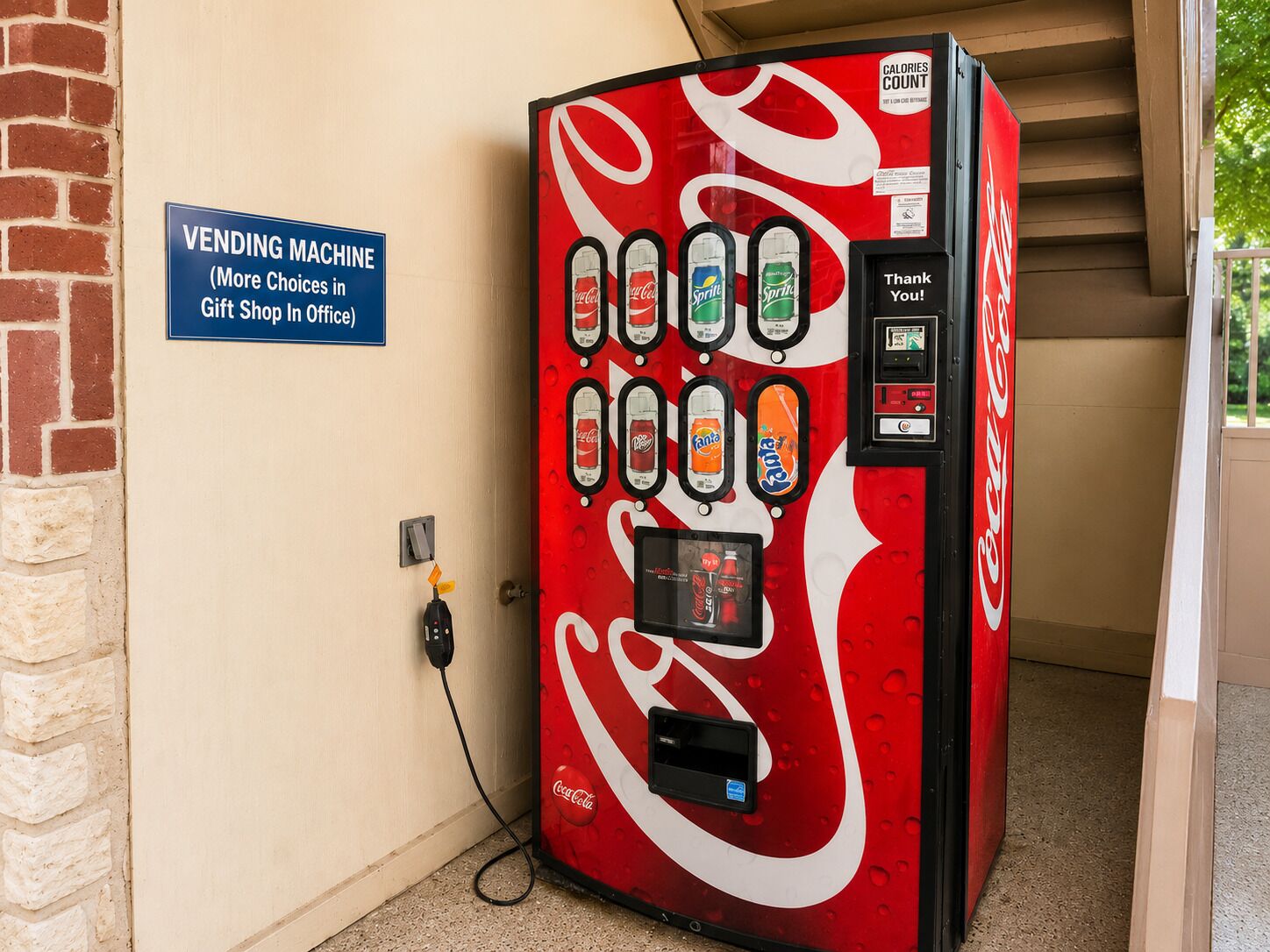 Máquina expendedora con logotipo de Coca-Cola, un letrero que indica que es una máquina expendedora y un anuncio para una tienda de regalos en la oficina.