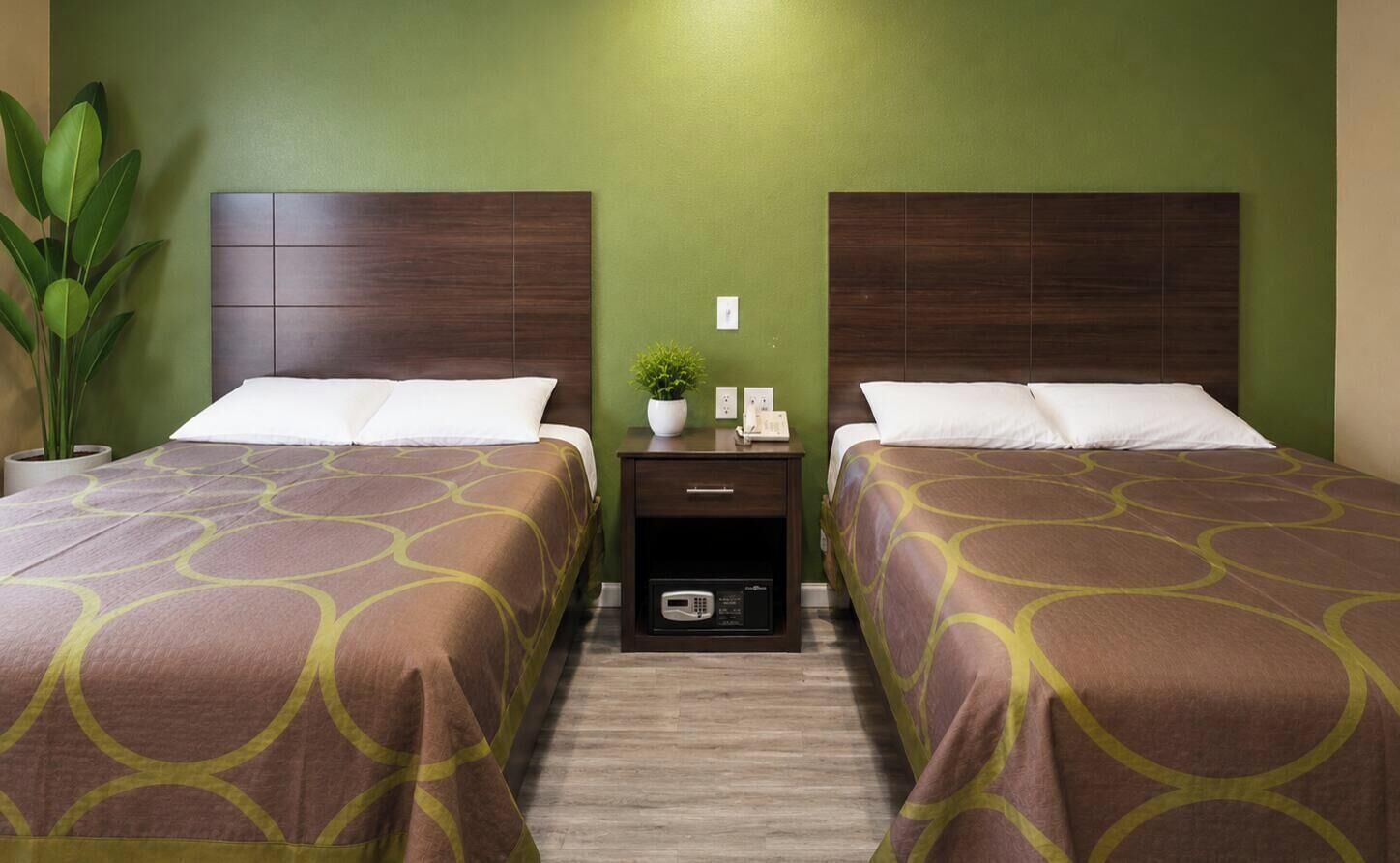 Habitación de hotel con dos camas, una mesita de noche, una planta y una pequeña mesa con una radio.