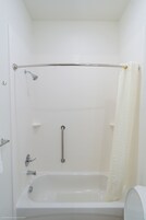 Combined shower/tub, eco-friendly toiletries, hair dryer, towels