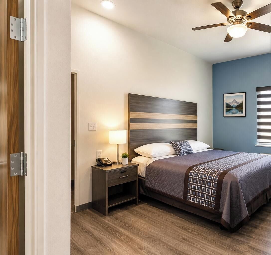 Una habitación de hotel con cama, mesita de noche, lámpara y ventilador de techo.