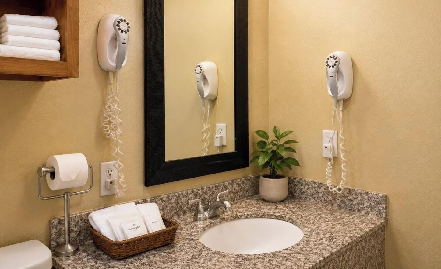 Baño con encimera de granito, lavabo blanco, espejo, dos secadores de pelo montados en la pared, una cesta con toallas y una planta en maceta.