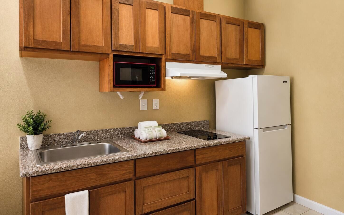 A kitchen with wooden cabinets, a built-in microwave, a stainless steel sink, a white refrigerator, and a small potted plant.