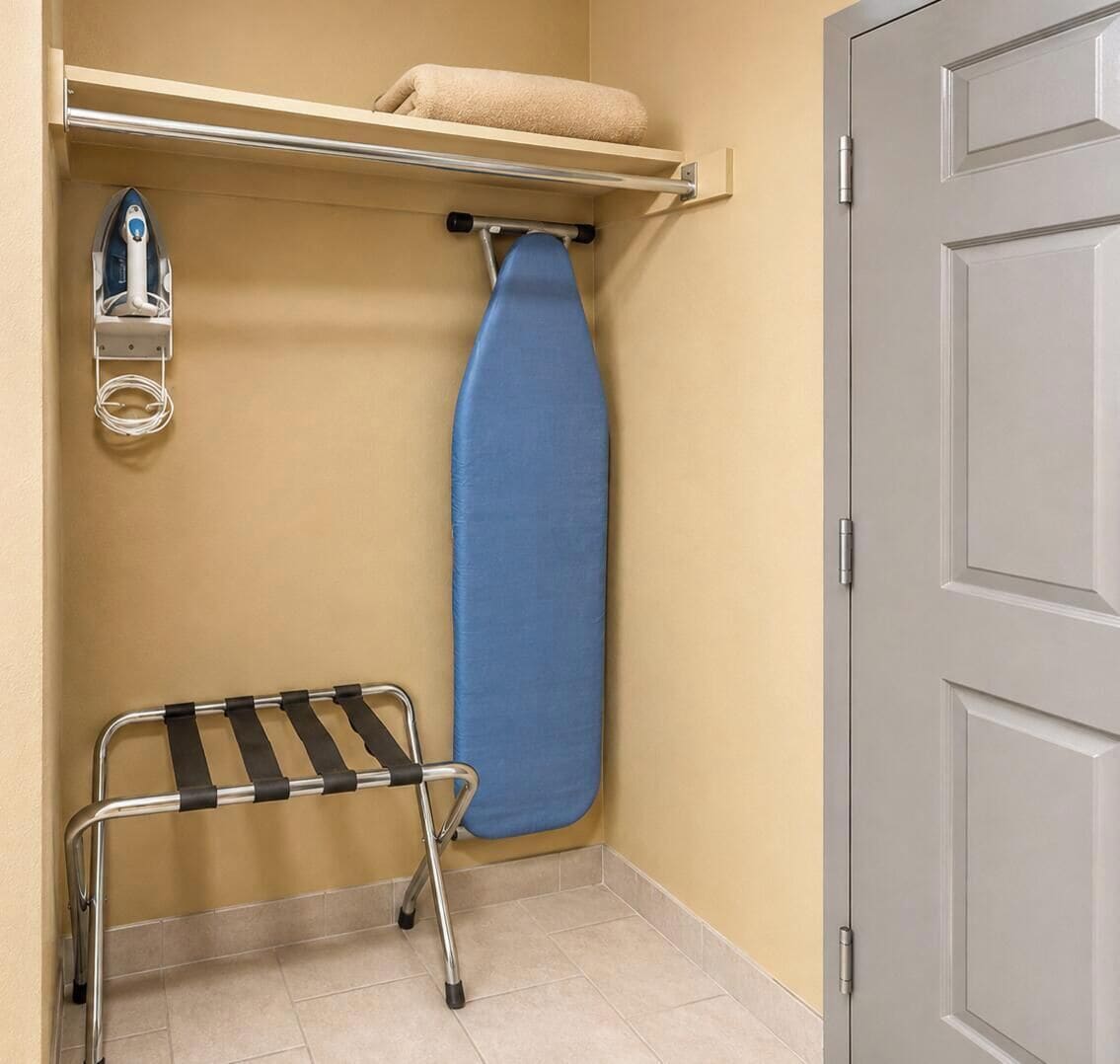 Um canto de quarto com um ferro de passar azul pendurado, um varal de metal e uma toalha numa prateleira.