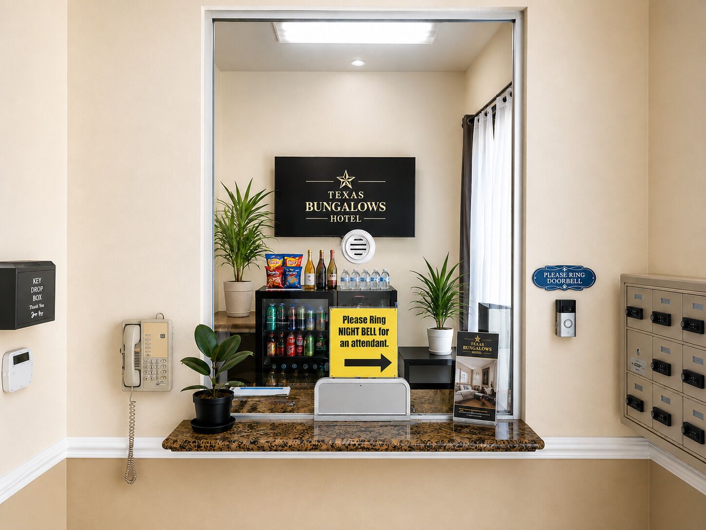 A hotel reception area with a sign for Texas Bungalows Hotel, a key drop box, a phone, a night bell sign, and a security system.