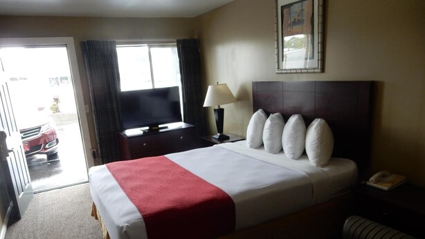 A hotel room with a bed, a television, a desk, a lamp, and a chair. - Citilodge Suites (Missoula)