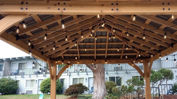 Un pabellón de madera con vigas a la vista y luces colgantes, rodeado por un edificio con balcones y ventanas.