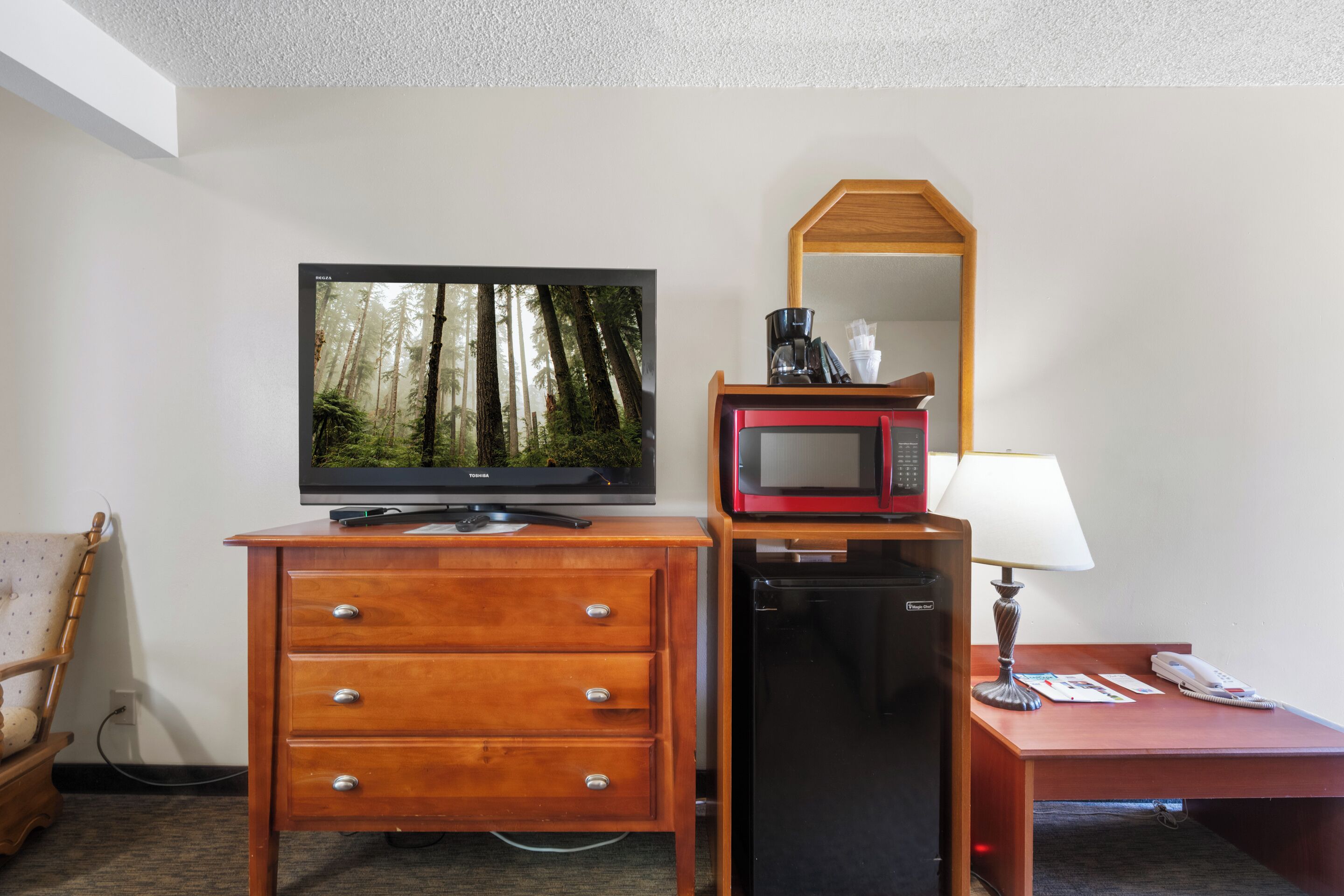 Ein Hotelzimmer mit einem Holzkapständer, einem Fernseher, der eine Waldszene zeigt, einer Mikrowelle, einer Lampe und einem Schreibtisch mit Telefon.