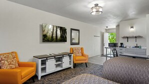 Habitación de hotel con cama, escritorio, sillón, sofá, mueble pequeño, espejo y un cuadro en la pared.