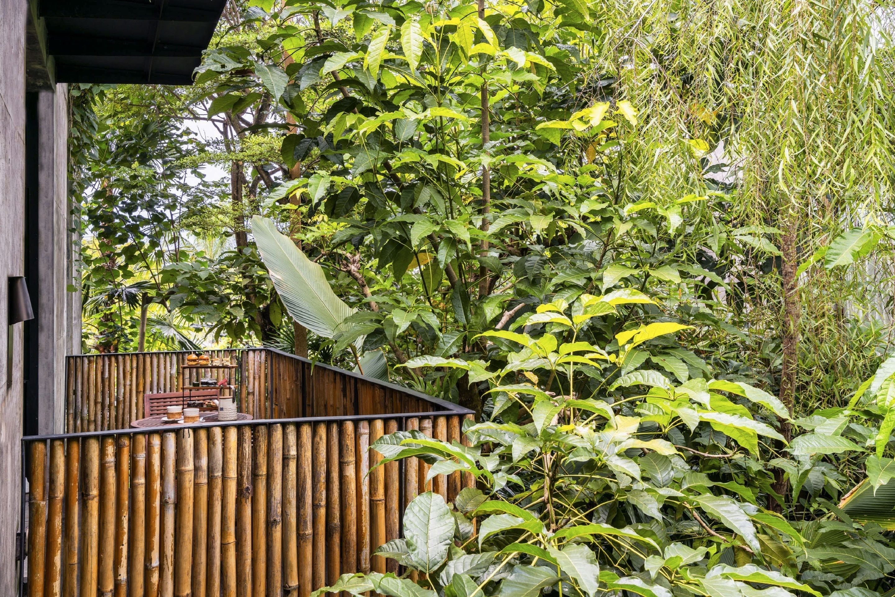 A bamboo fence with a small outdoor seating area.