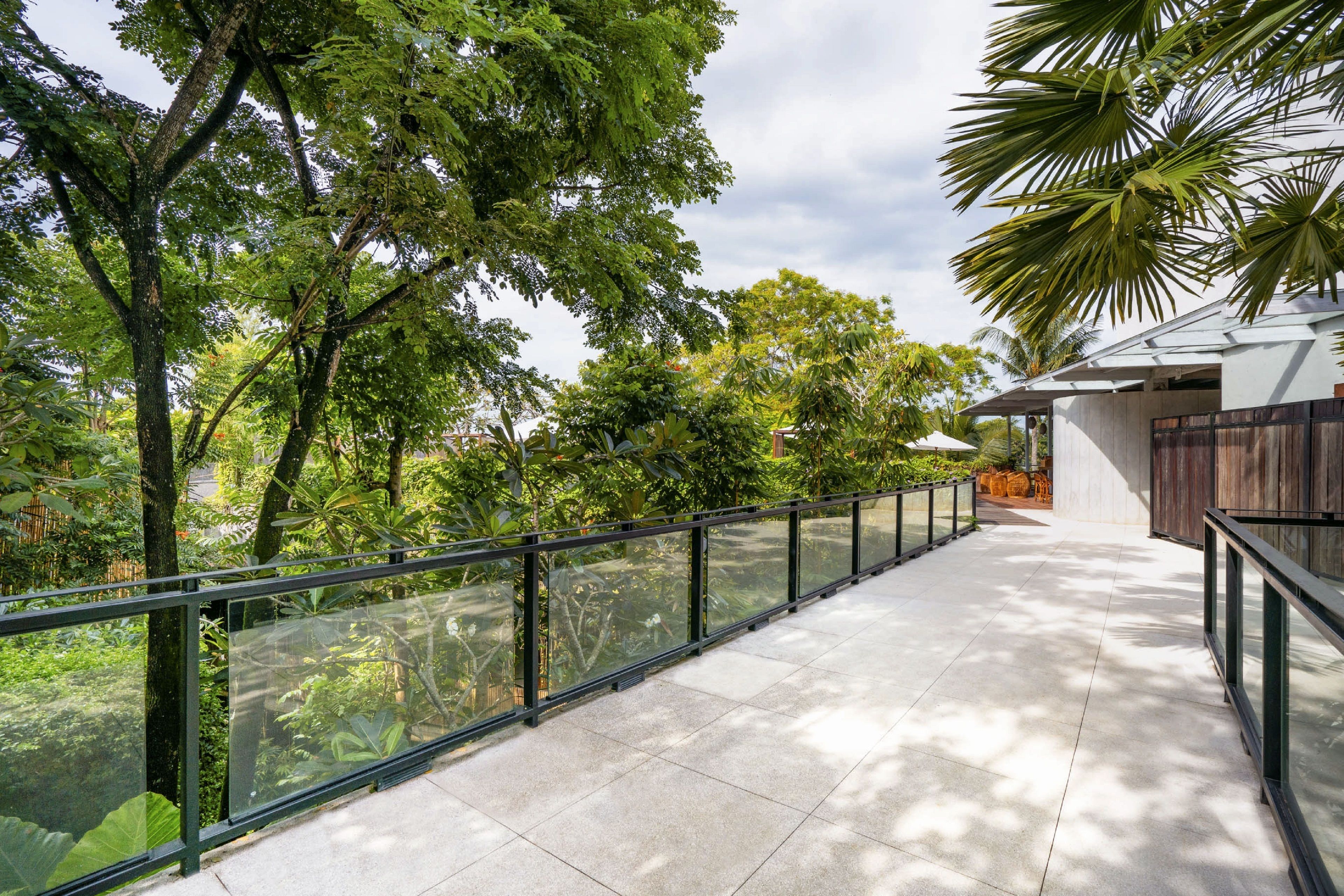 A pathway with glass railings, surrounded by lush greenery and trees.