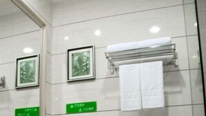 Een moderne badkamer met een wit toilet, een wastafel en een spiegel. Er hangen foto’s in lijsten aan de muur en een handdoekhouder boven het toilet.