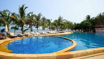 Outdoor pool, pool umbrellas, pool loungers