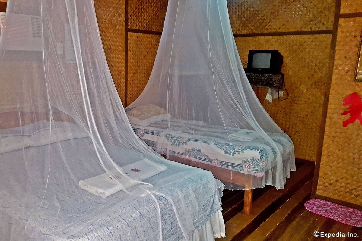 Two beds with mosquito netting, a television on a stand, and a red decorative item on the wall.