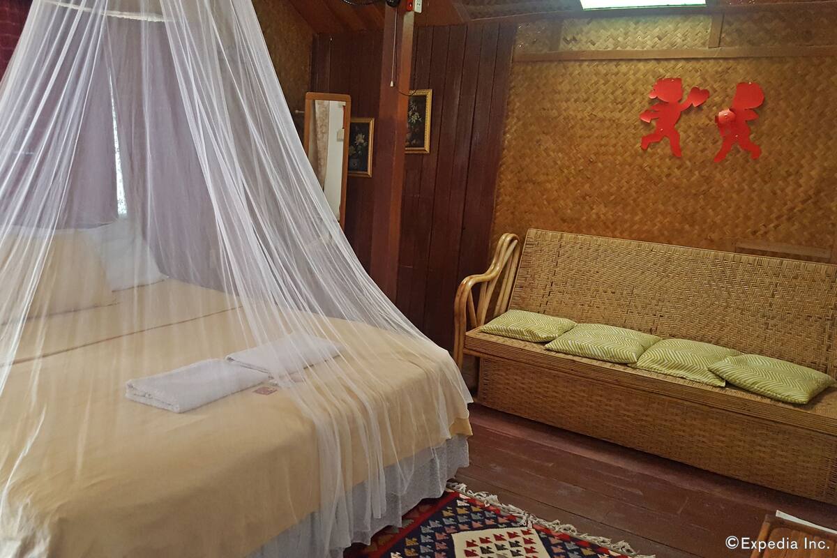 A room with a bed covered by a mosquito net, a wicker sofa with green cushions, and a patterned rug.