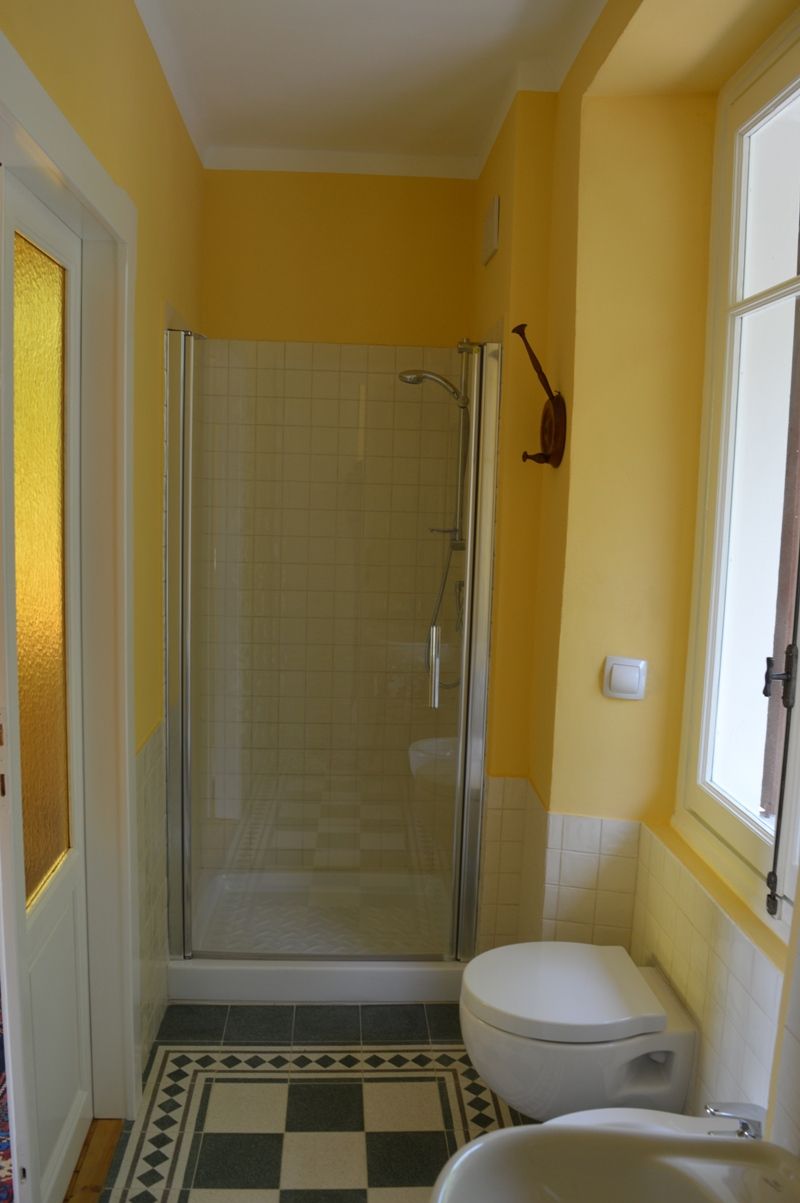 A bathroom with a glass-enclosed shower, a toilet, and a sink.