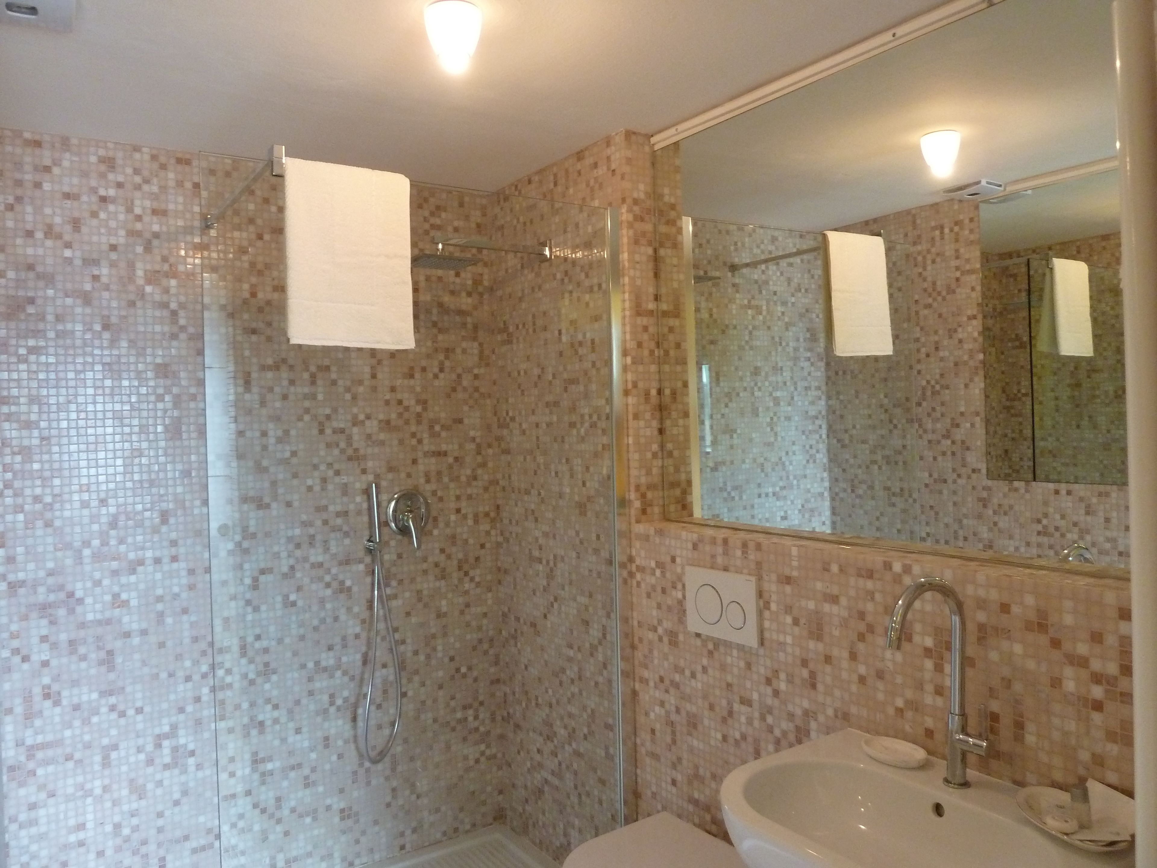 Ein Badezimmer mit Dusche, Waschbecken und Spiegel.