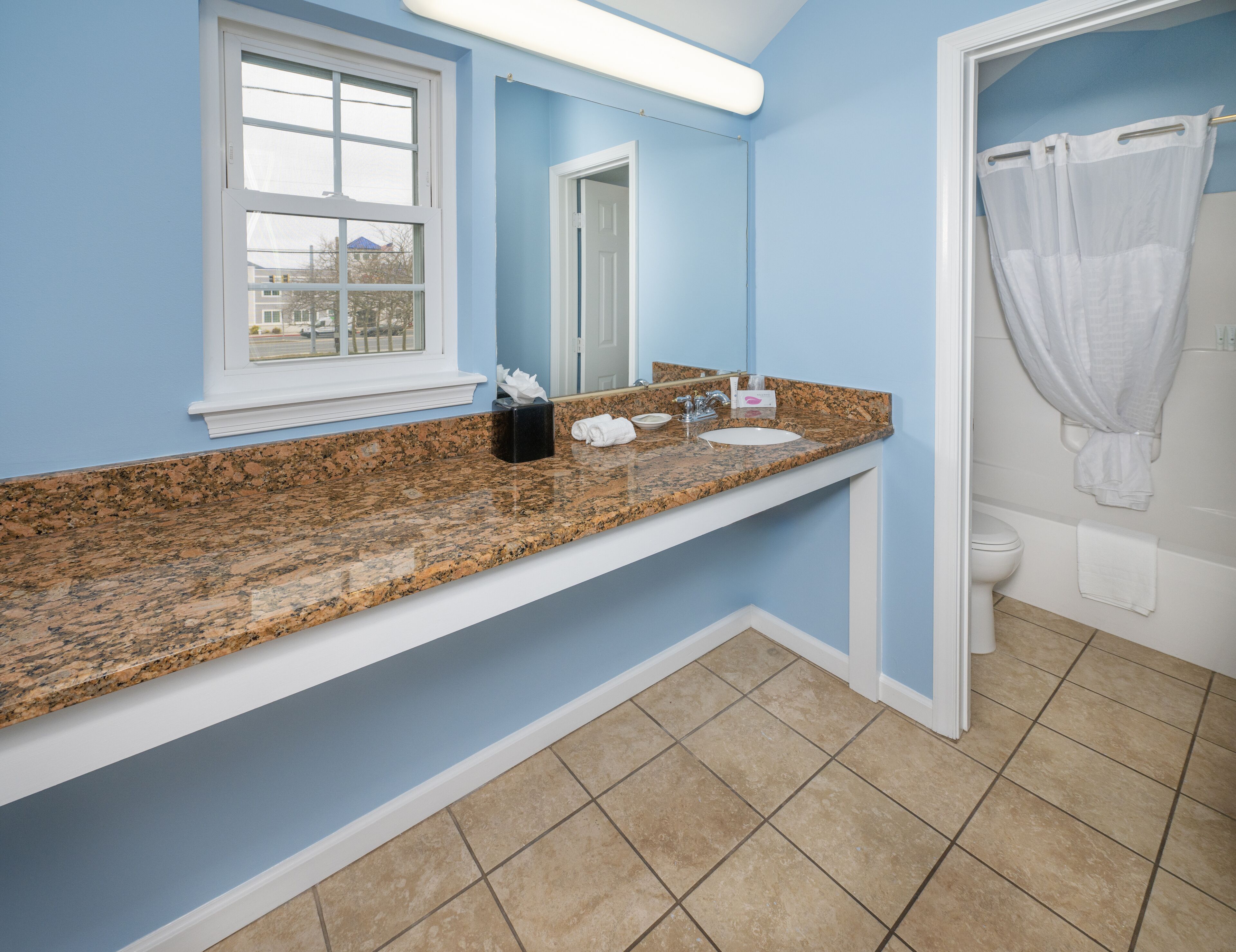 A bathroom with a granite countertop, a sink, a mirror, and a shower curtain.