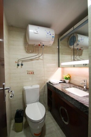 Un baño con inodoro, lavamanos, espejo y un calentador mural.
