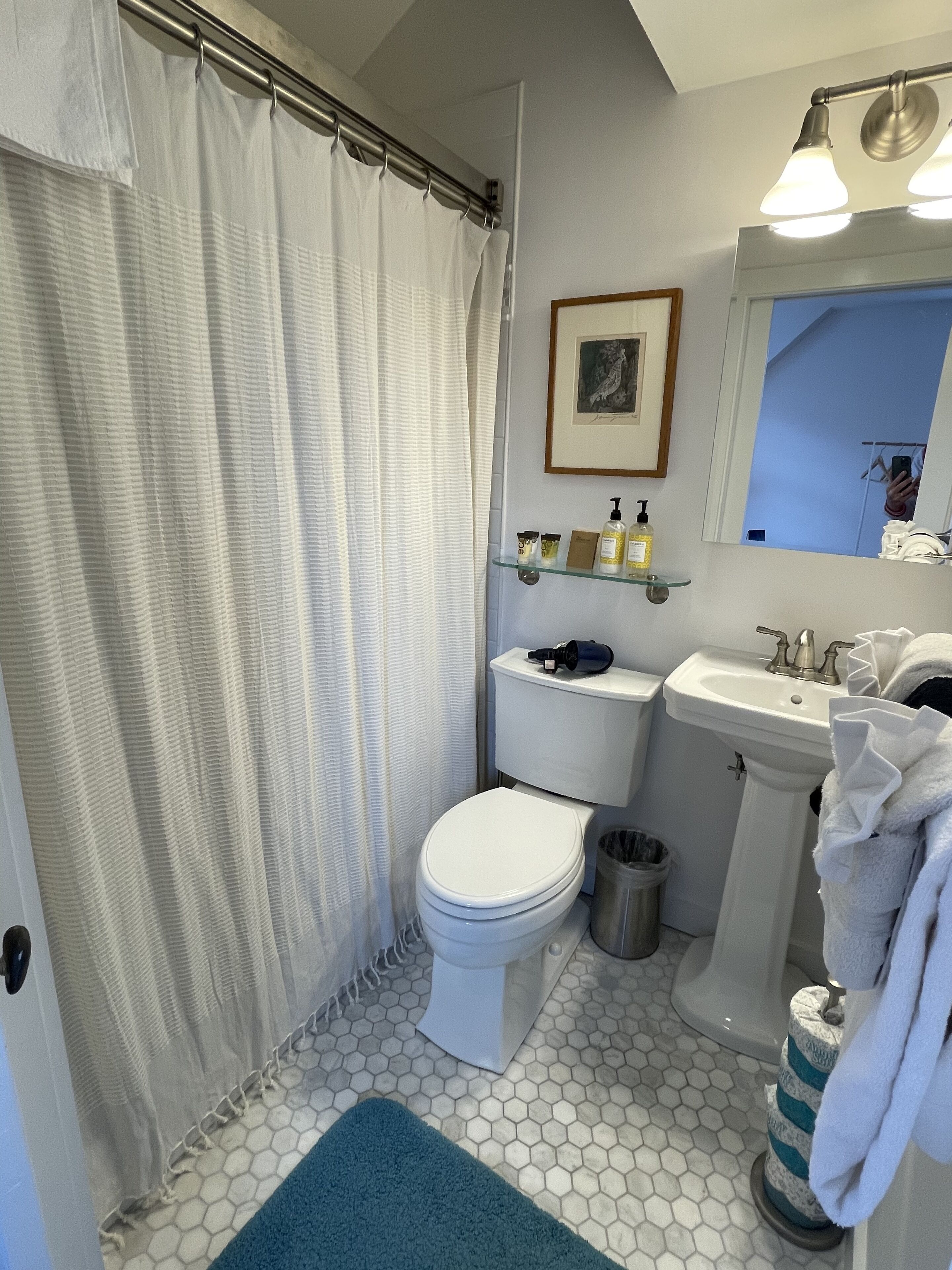 Un baño con inodoro, lavabo y cortina de ducha.
