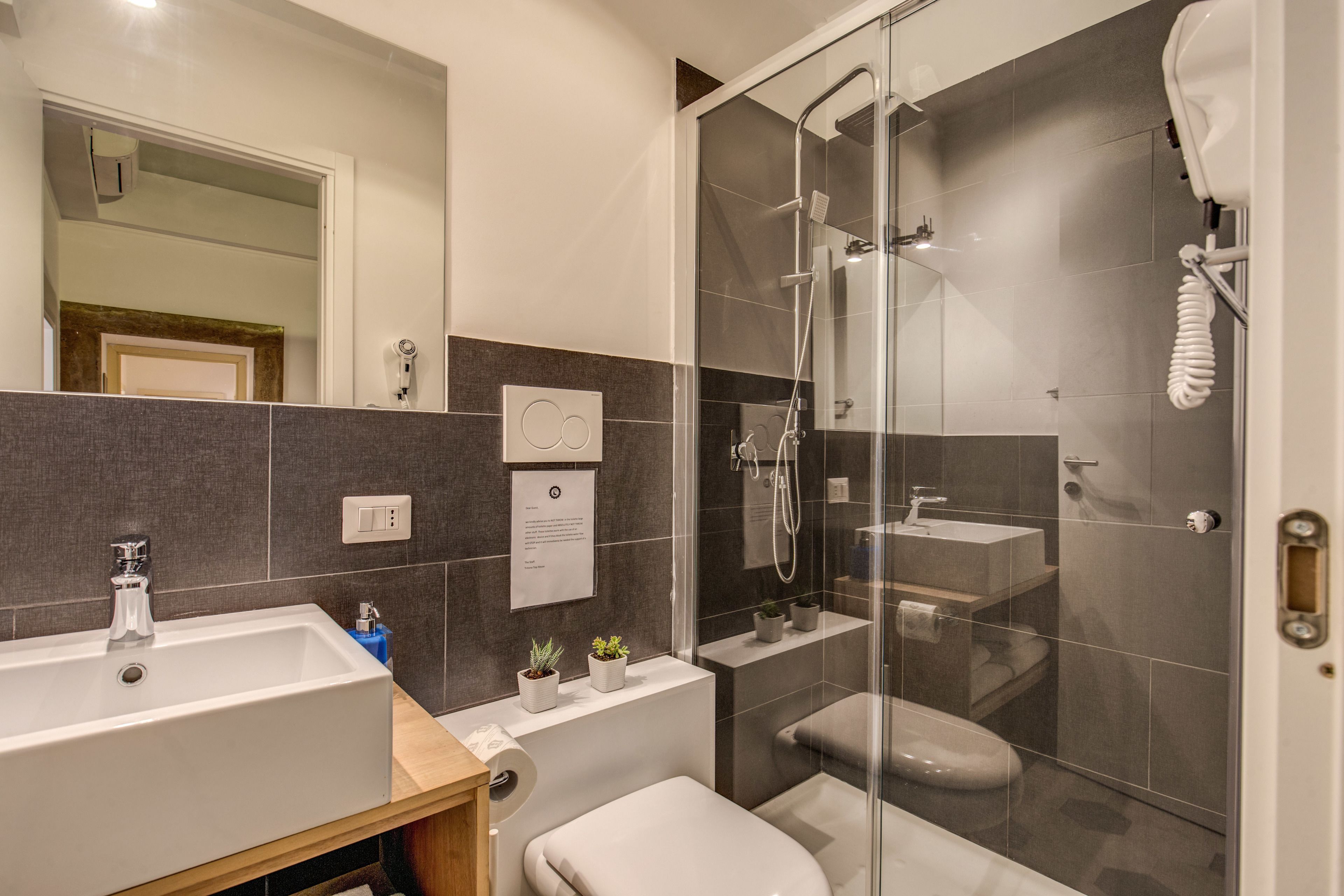 A modern bathroom with a glass-enclosed shower, a standalone sink, and a toilet.