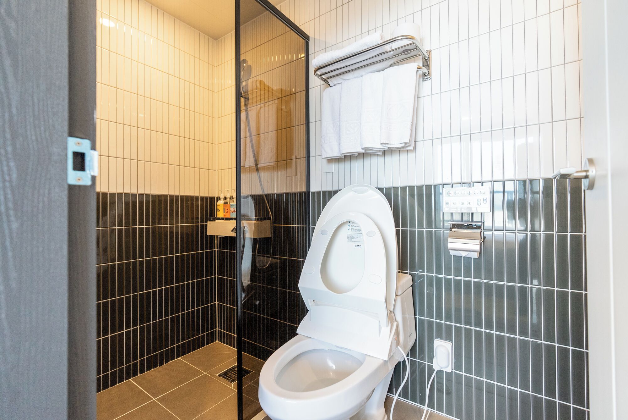 eco duplex | bathroom | hair dryer, towels, soap, shampoo