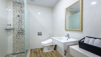 Hair dryer, towels, soap, shampoo