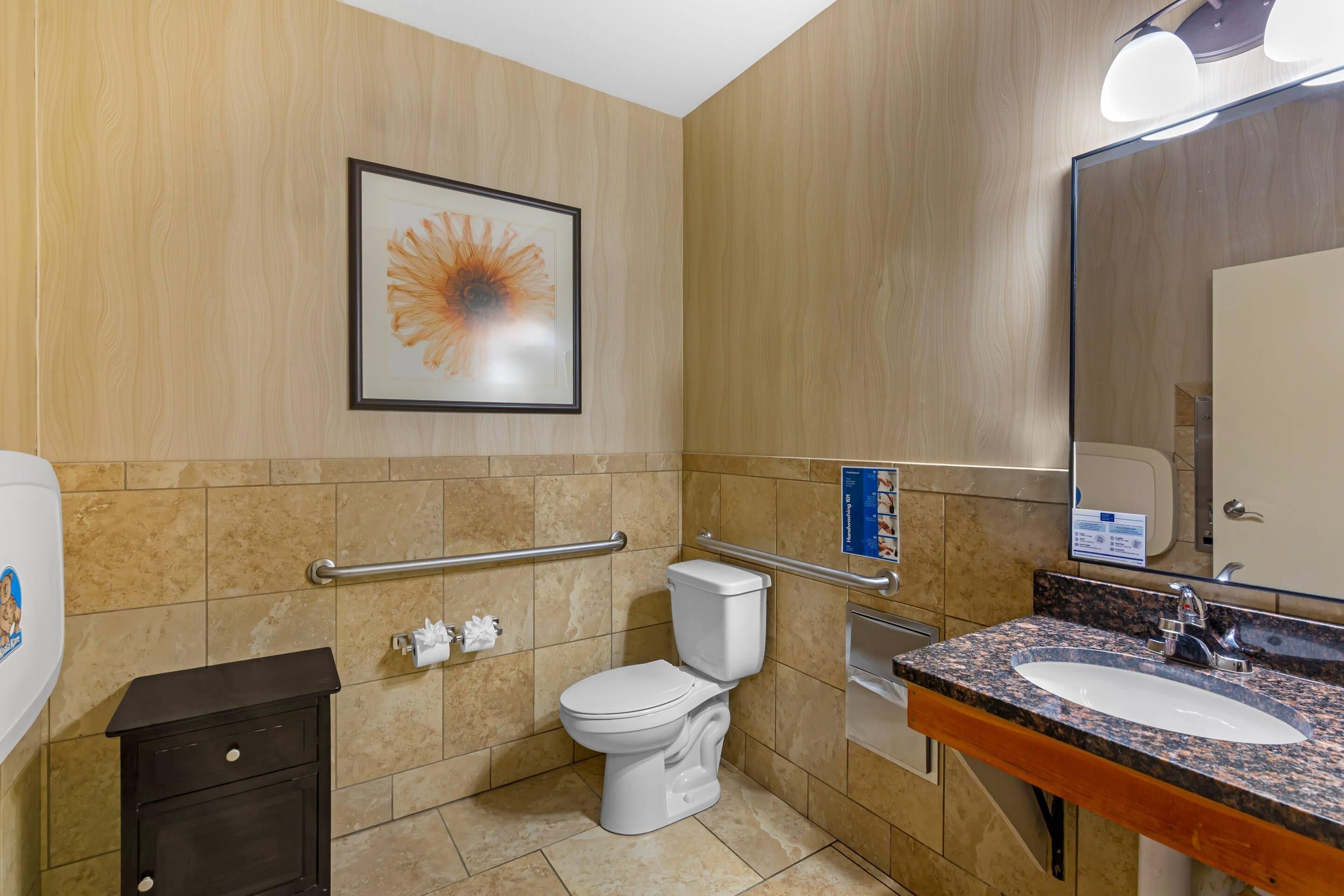 Une salle de bain équipée de toilettes, d’un meuble-lavabo, d’un lavabo et de barres d’appui.