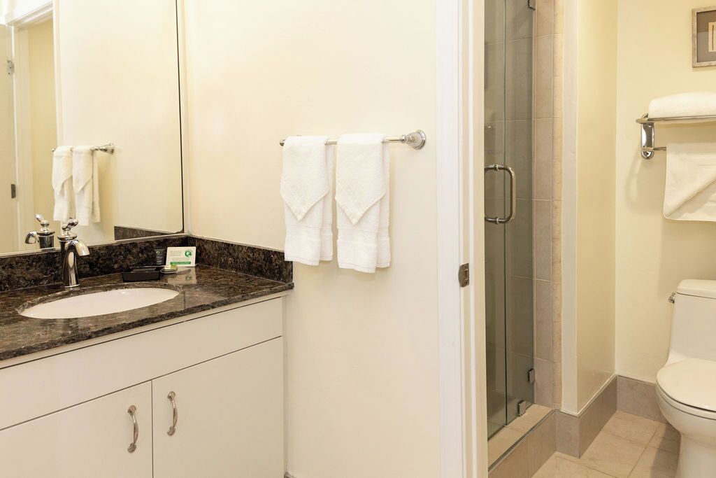 A bathroom with a sink, mirror, towel rack, shower, and toilet.