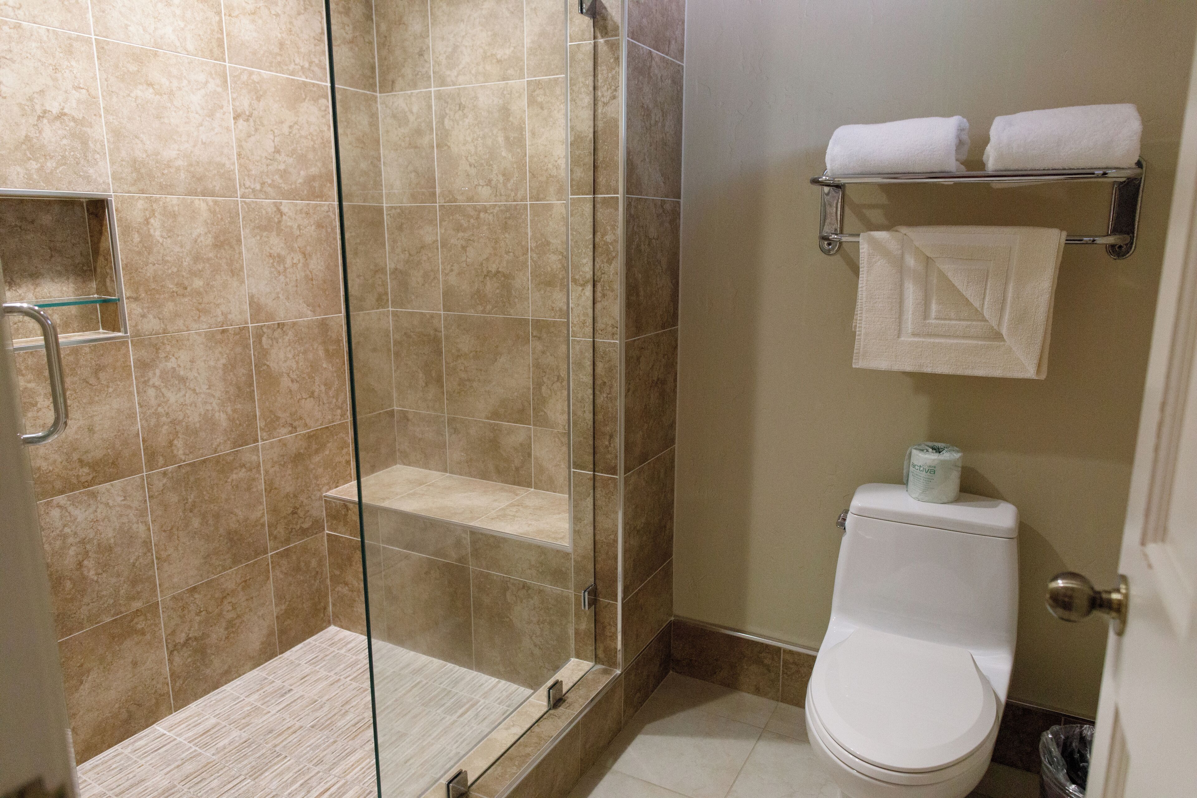 Une salle de bain avec une douche à parois de verre, des toilettes et une étagère avec des serviettes.