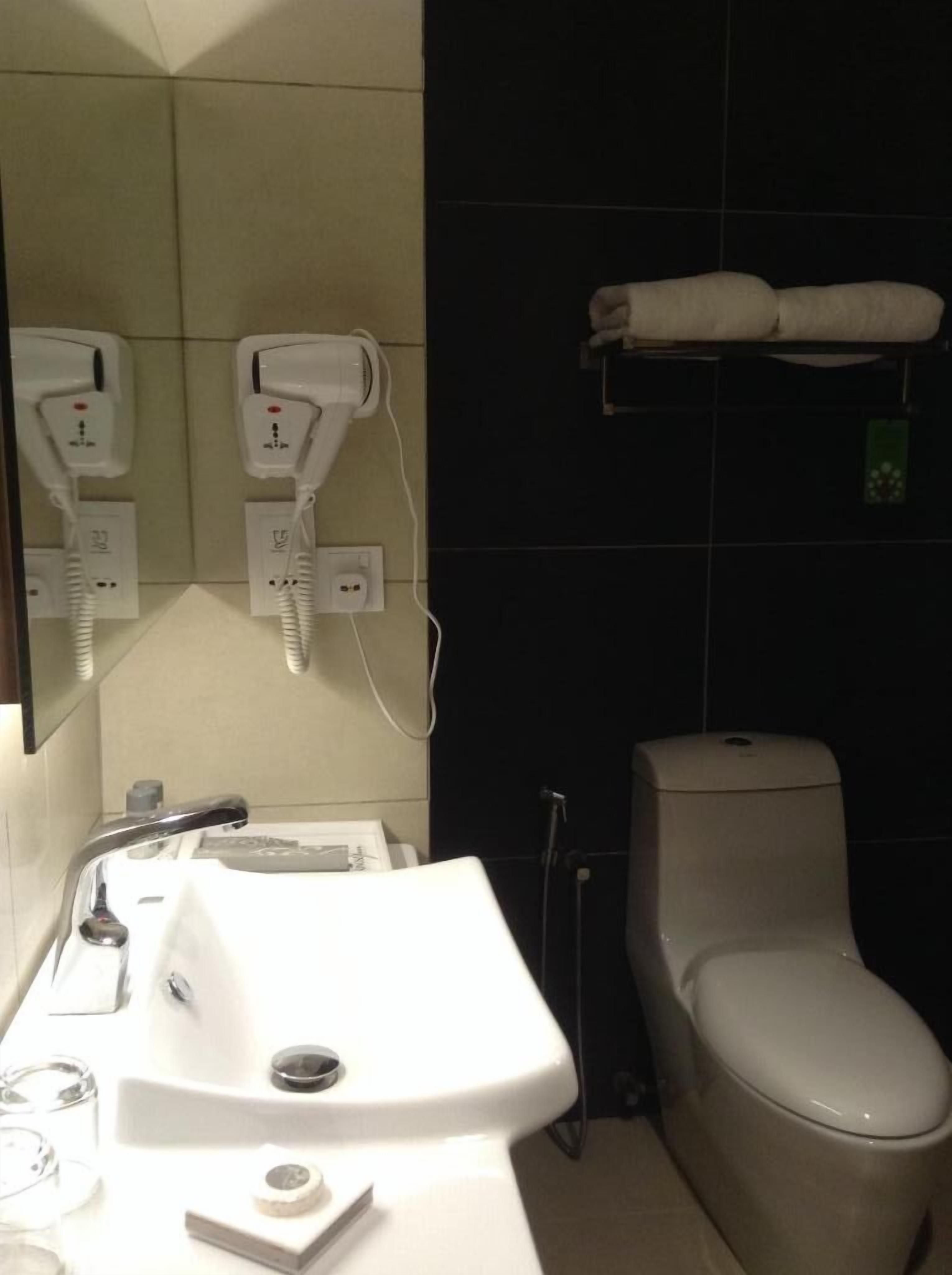 A bathroom with a sink, mirror, hair dryer, and toilet.