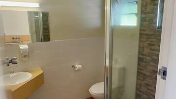 A bathroom with a shower, toilet, sink, and a mirror.