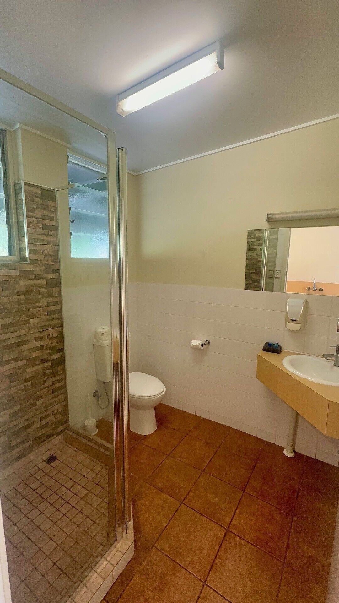 Baño con ducha, inodoro y lavamanos, que presenta una pared de piedra y un espejo sobre el lavamanos.
