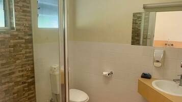 Baño con ducha, inodoro y lavamanos, que presenta una pared de piedra y un espejo sobre el lavamanos.
