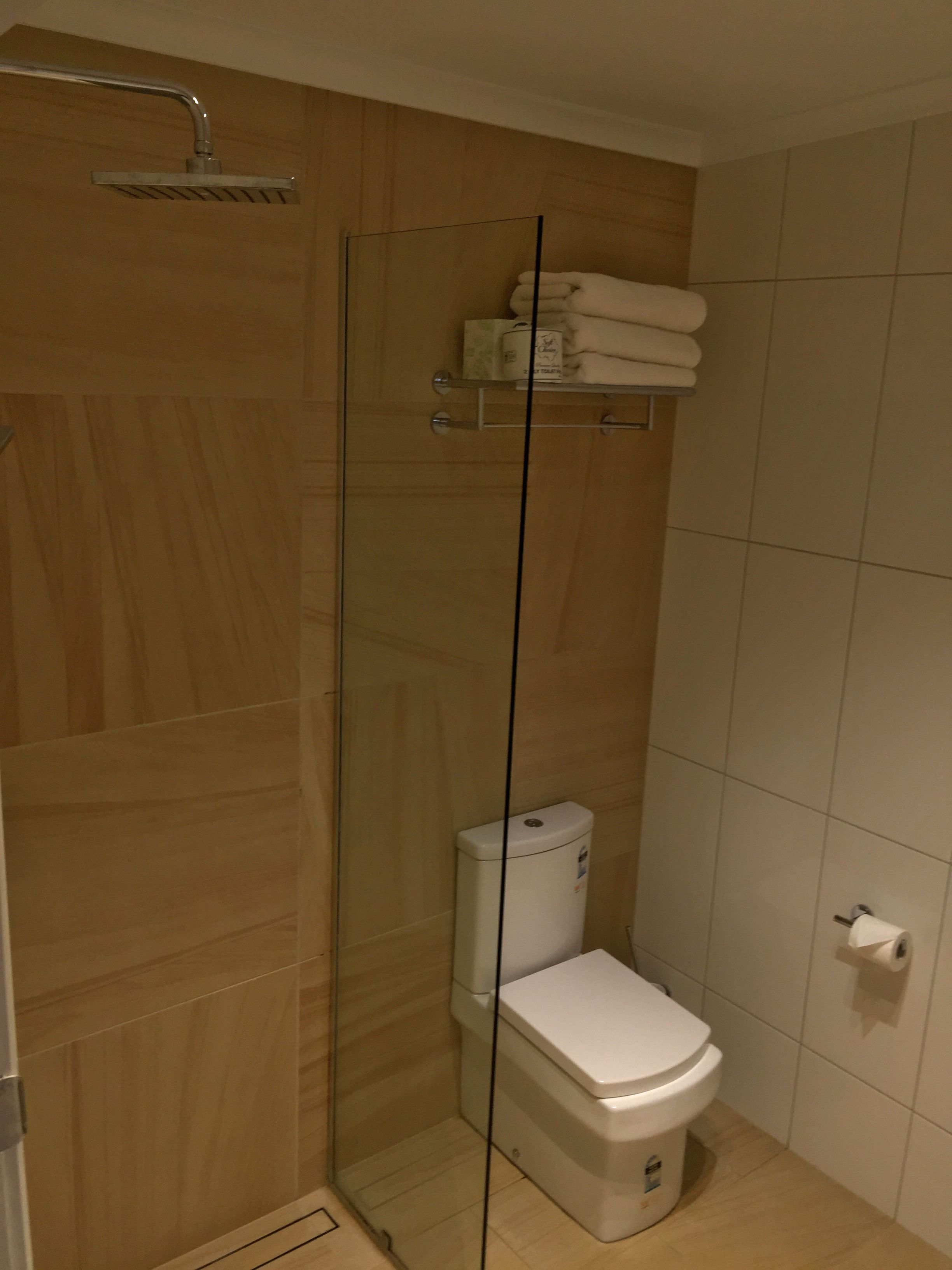 A modern bathroom with a glass-enclosed shower, a toilet, and a towel rack.
