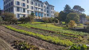 A multi-story building with a garden in front. - Hôtel Bon Rivage (La Tour-de-Peilz)