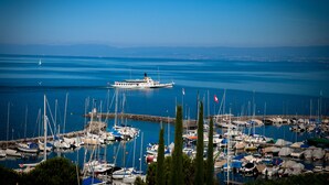 A marina with various boats docked, a ferry in the distance, and a clear view of the water and distant land. - Hôtel Bon Rivage (La Tour-de-Peilz)