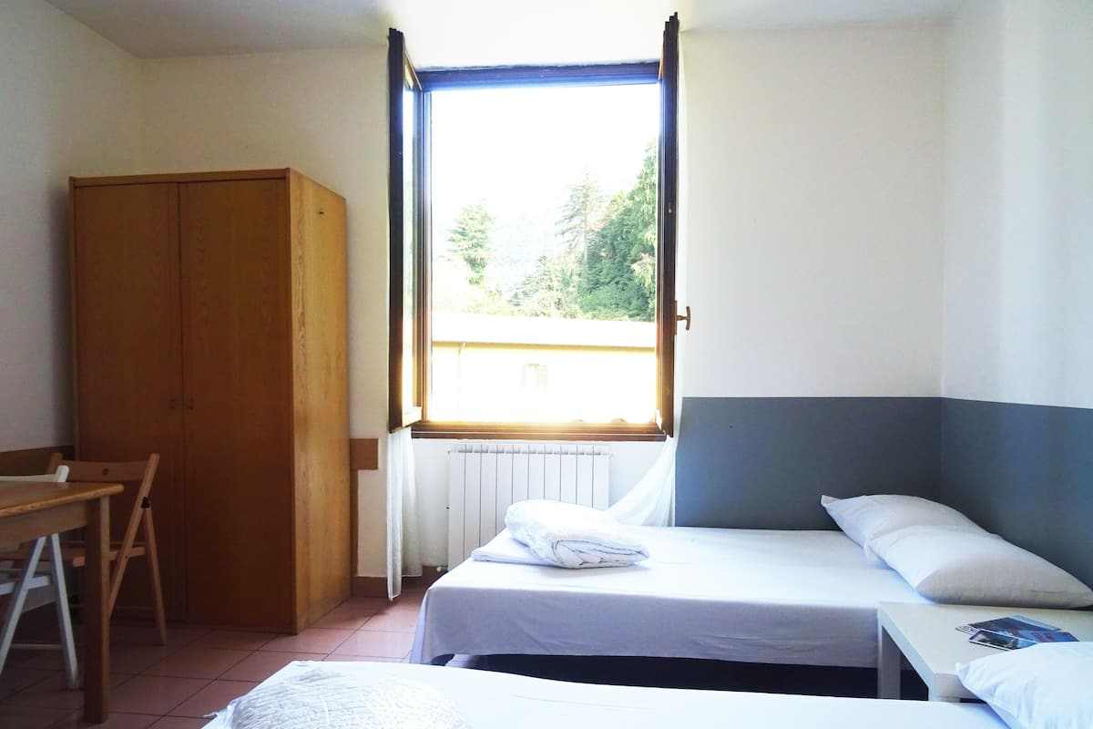 A room with two beds, a wooden wardrobe, a desk, and a window with a view of greenery.