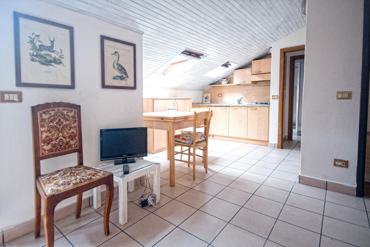 A dining area with a wooden table and chairs, a television on a small table, and framed artwork on the wall.