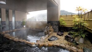 A hot spring area with a stone pathway, rocks, and potted plants. - Sansuien (Kochi)