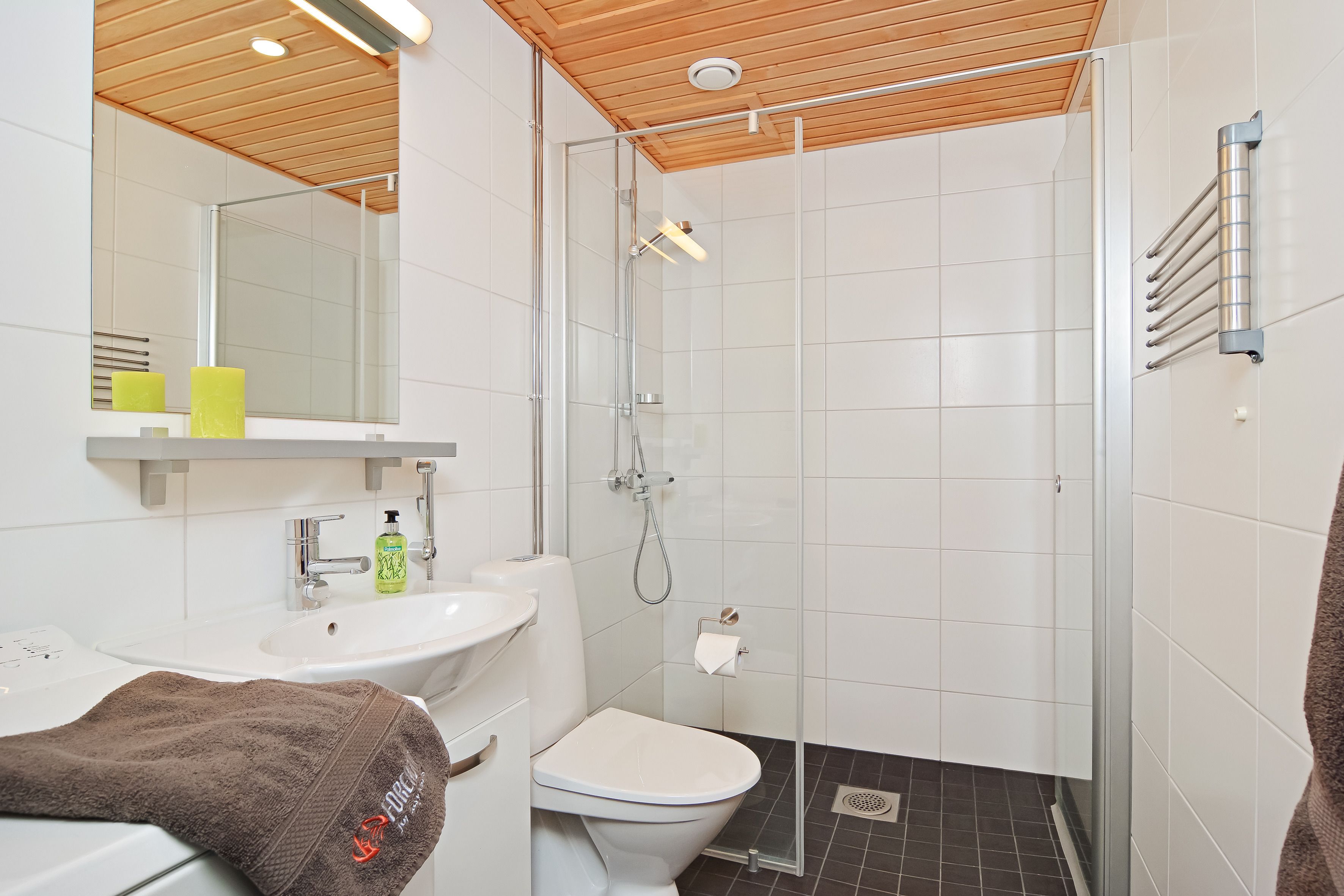 A modern bathroom with a glass shower enclosure, a white sink, and a toilet.